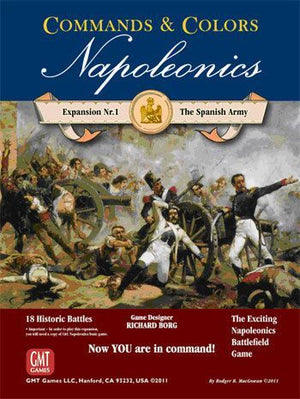Game box for 'Commands & Colors: Napoleonics' Spanish expansion featuring soldiers and battle scene.